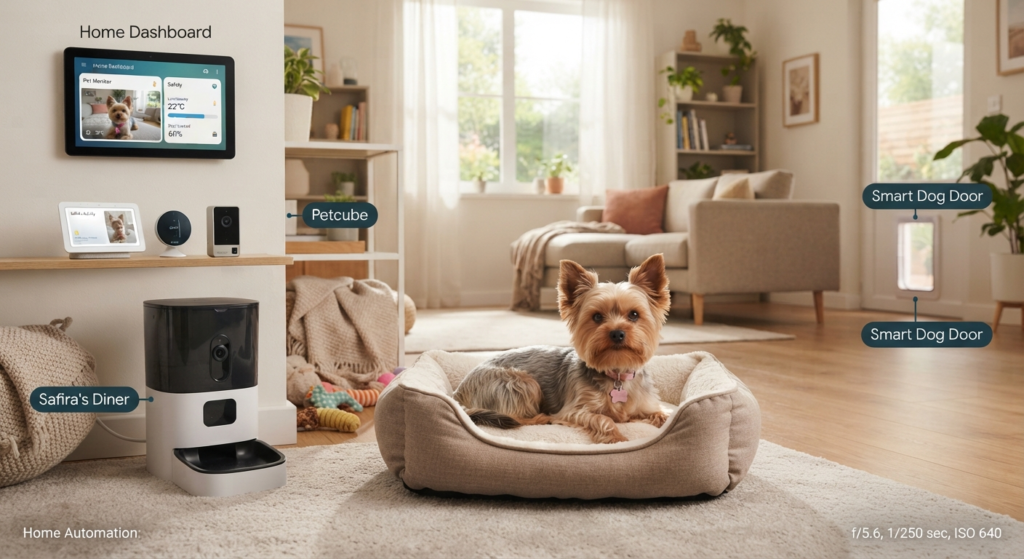 Um cachorro pequeno da raça Yorkshire deitado em uma cama confortável no centro de uma sala de estar iluminada. O ambiente é equipado com dispositivos de automação para pets, incluindo um alimentador inteligente, uma câmera de monitoramento e um painel digital na parede.