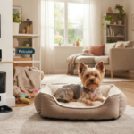 Um cachorro pequeno da raça Yorkshire deitado em uma cama confortável no centro de uma sala de estar iluminada. O ambiente é equipado com dispositivos de automação para pets, incluindo um alimentador inteligente, uma câmera de monitoramento e um painel digital na parede.