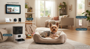 Um cachorro pequeno da raça Yorkshire deitado em uma cama confortável no centro de uma sala de estar iluminada. O ambiente é equipado com dispositivos de automação para pets, incluindo um alimentador inteligente, uma câmera de monitoramento e um painel digital na parede.