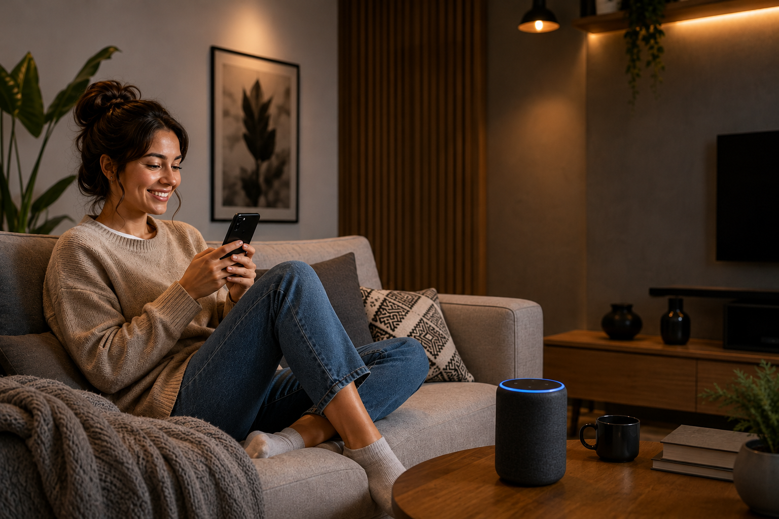 Mulher sorrindo sentada no sofá usando o celular para controlar sua casa inteligente, com assistente virtual com LED azul aceso sobre a mesa de centro da sala.